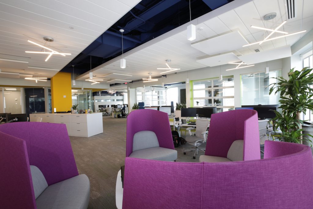 Global technology company office and lobby area open concept interior design project