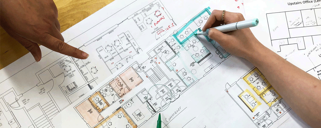 Facility planning banner with blueprint drawling