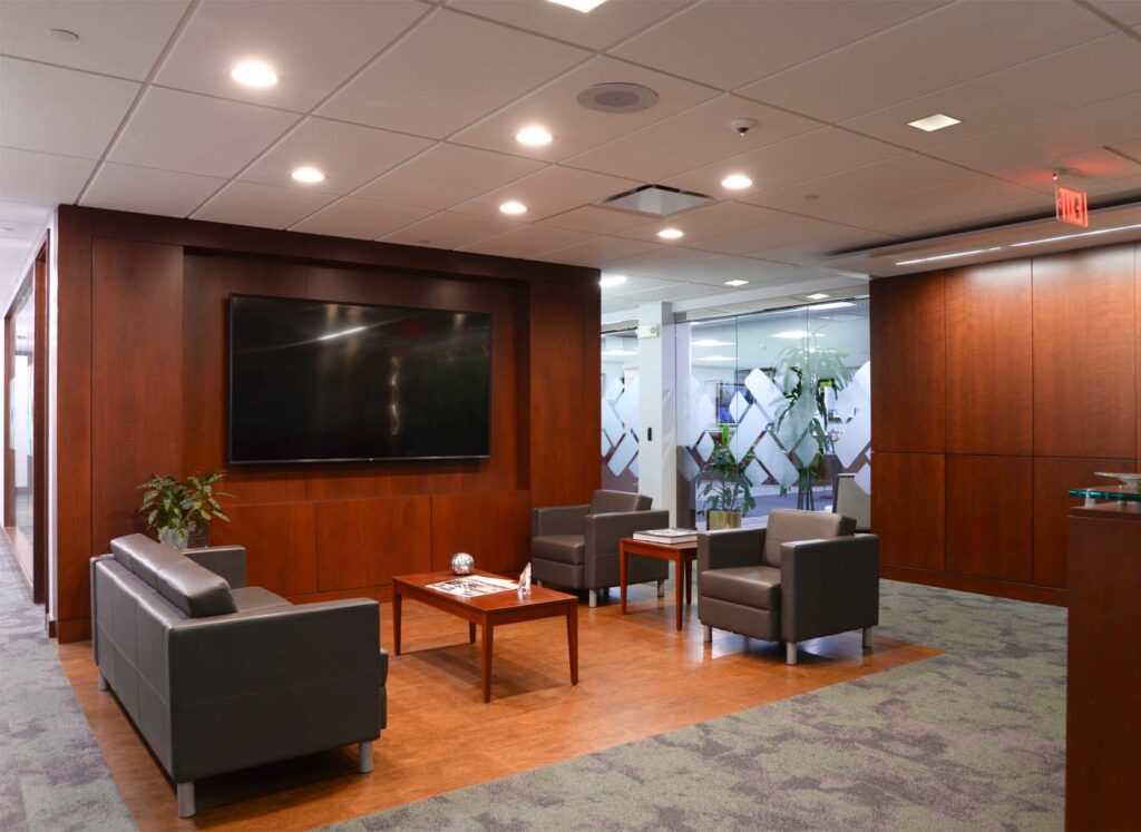 Side view of lobby seating area interior design with green initiatives